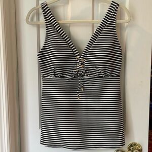 Lands End women’s swim v-neck tankini top, size 12, black/white stripe